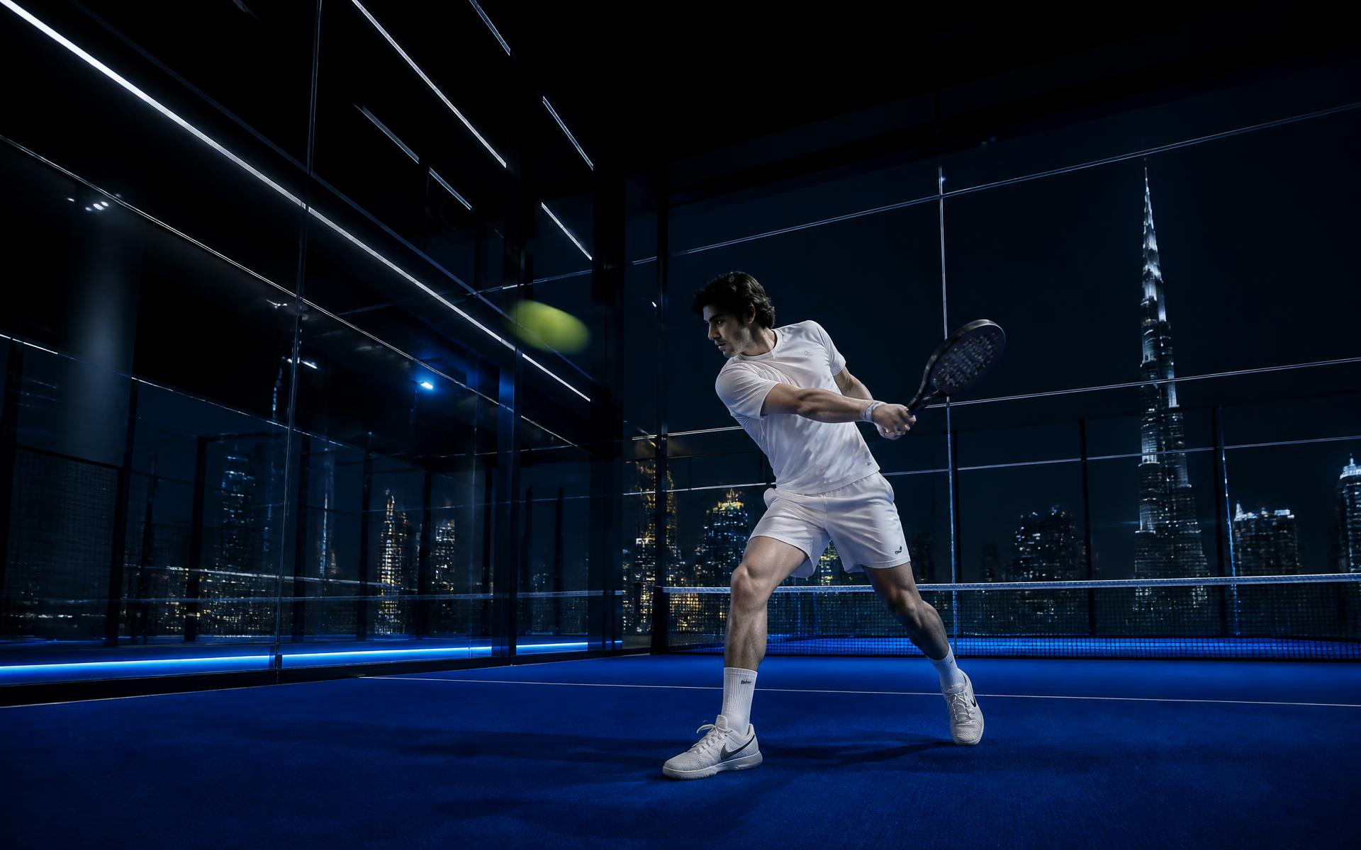 Player mid-swing on a glass padel court at night with Dubai skyline